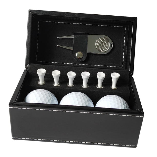 Juego de regalo de pelotas de golf, regalo de golf para hombres con caja de cuero PU, 6 tees de golf, pelotas de golf para niños adultos abuelo papá c Herramienta de división plateada