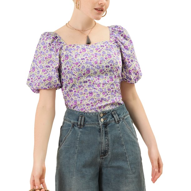 INSPIRE CHIC Blusa Floral de Mujer Escote Cuadrado de Corazón Mangas Abullonadas Espalda Fruncida Top Casual Púrpura XL