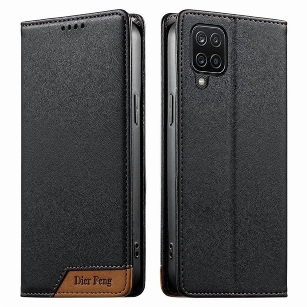 Funda Tipo Cartera de Cuero Sintético para Samsung Galaxy A12 Bloqueo RFID, con Ranuras para Tarjetas y Bolsillo para Efectivo, Cierre Magnético Fuerte Negro