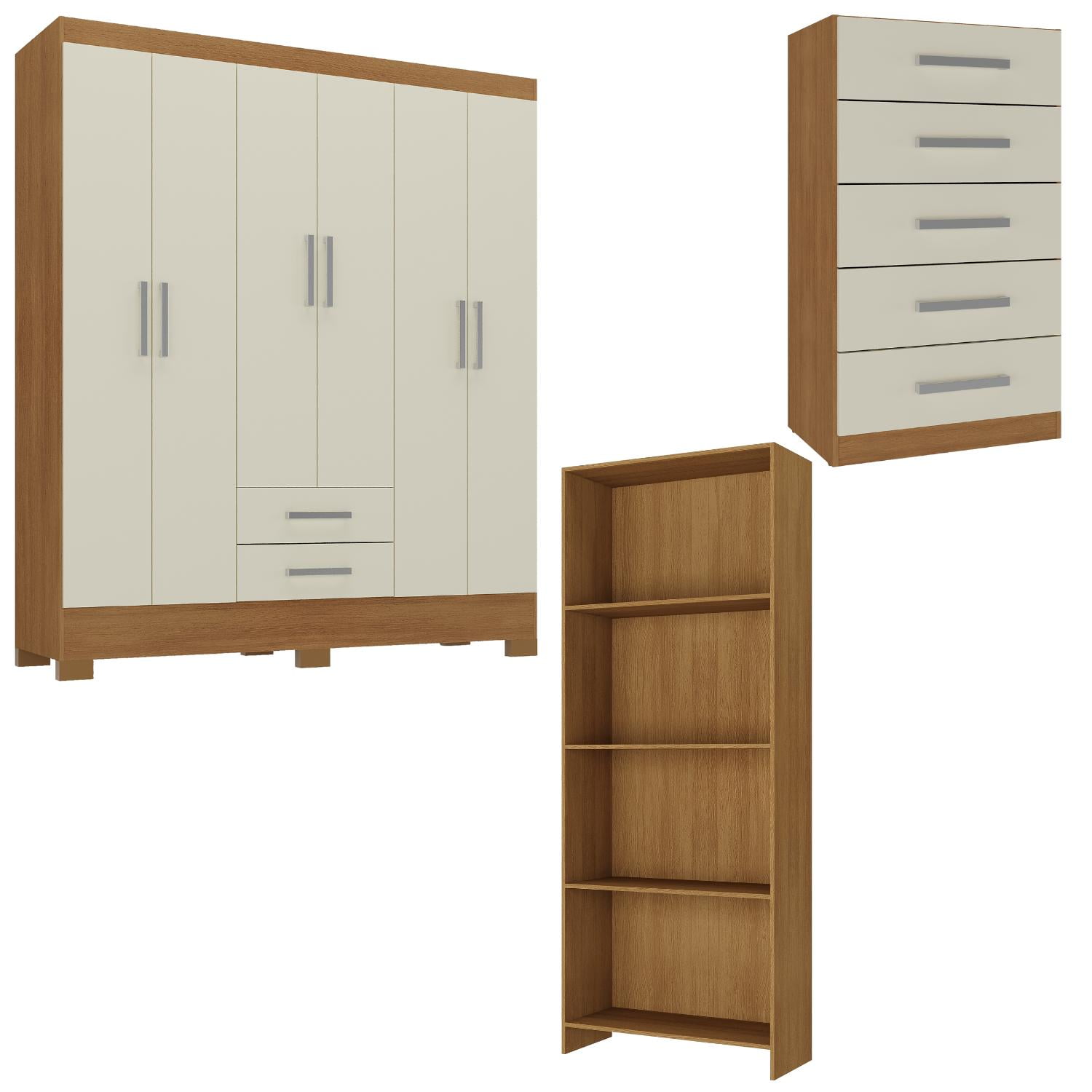 Movelaria - Combo Clóset 6 Puertas + Cómoda 5 Cajones Off White + Librero R620516 Blanco