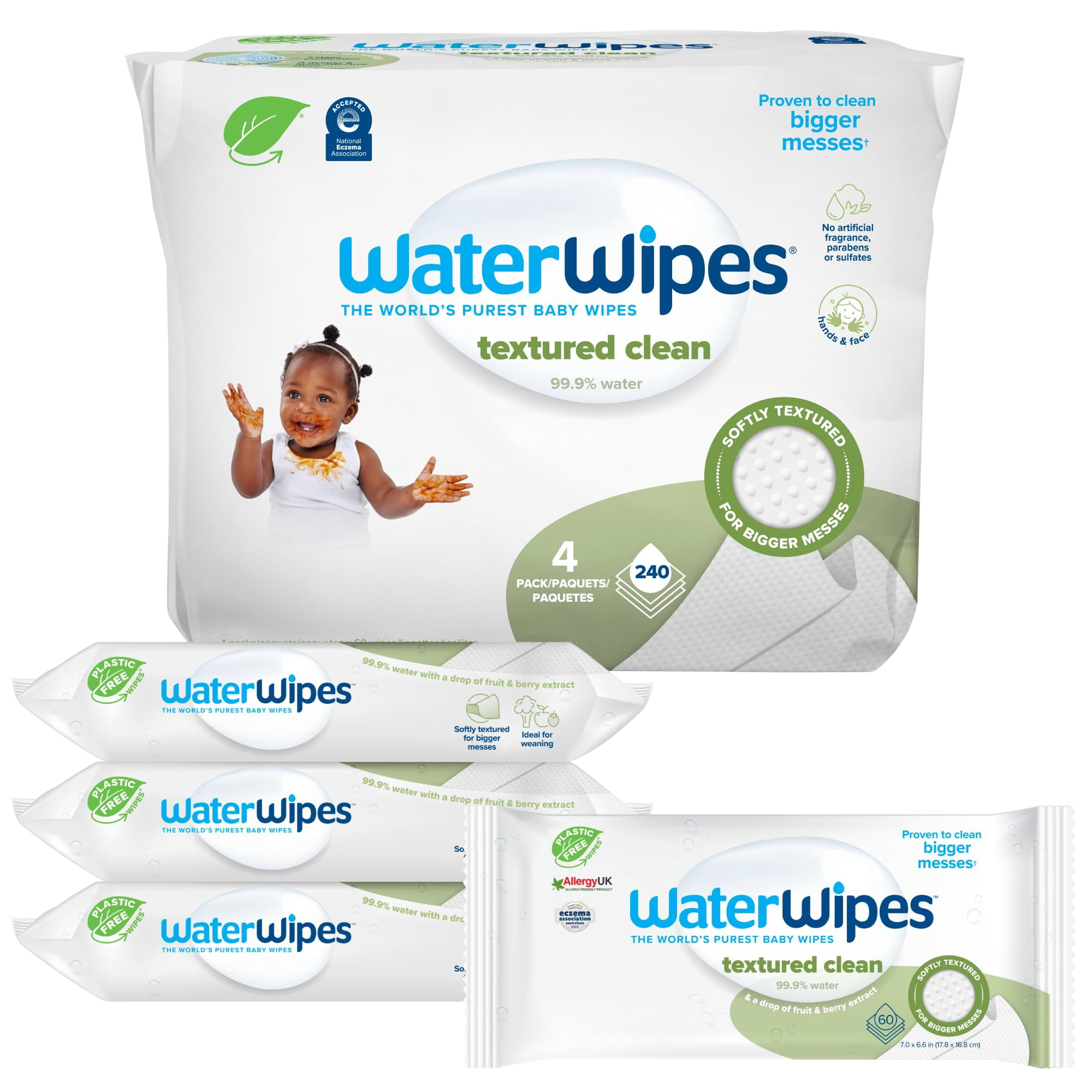 Toallitas Waterwipes, Sin Plástico, Texturizadas, Limpias, 60 Unidades X 4