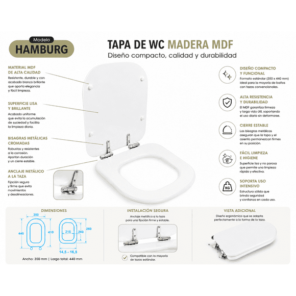 Asiento Tapa WC Elongado De Madera Con bisagras Metalica y Cierre Sueve Modelo Hamburg Marca Taumm