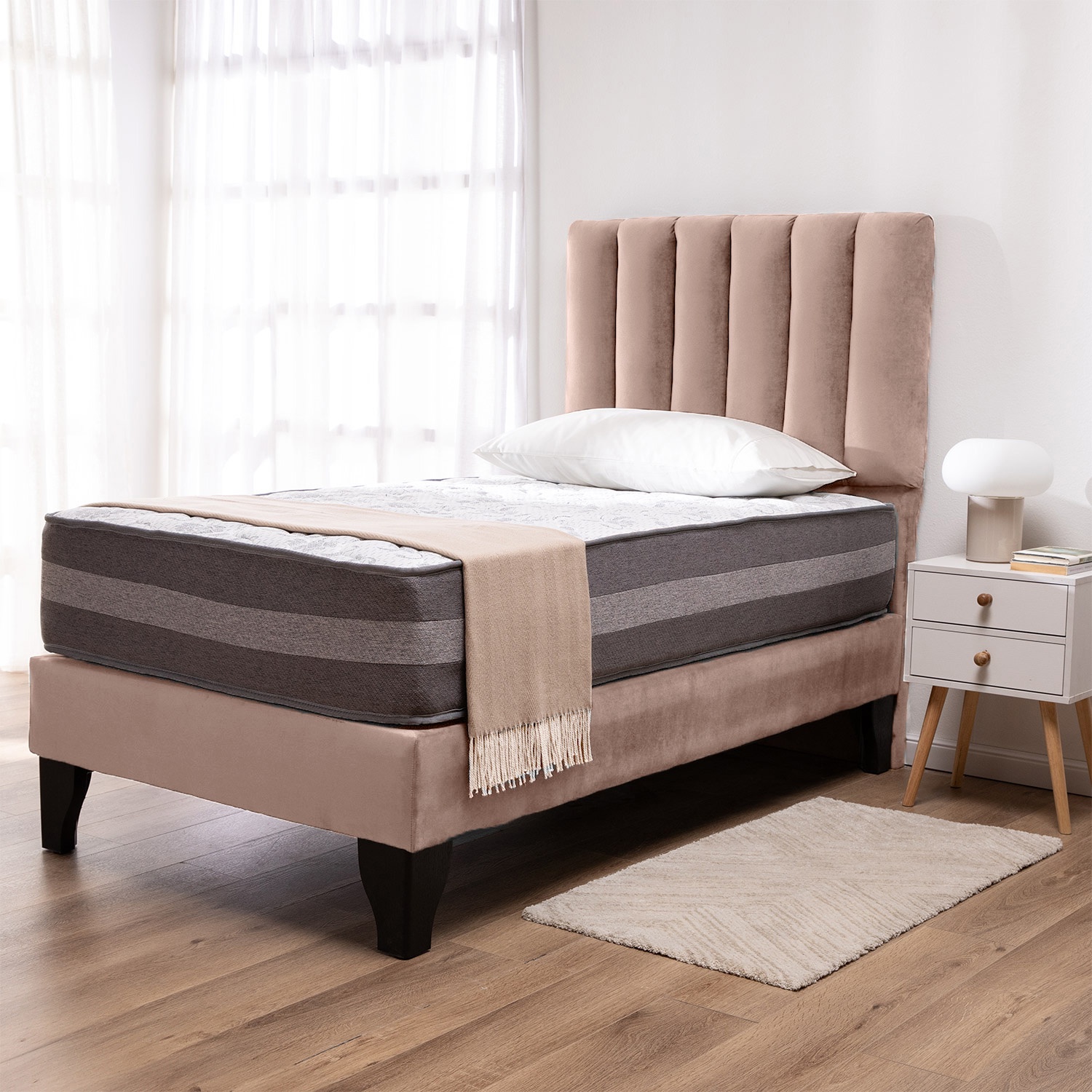 Colbox - Cama Europea Valencia P + Respaldo Cadiz 1 Pl Felpa Beige