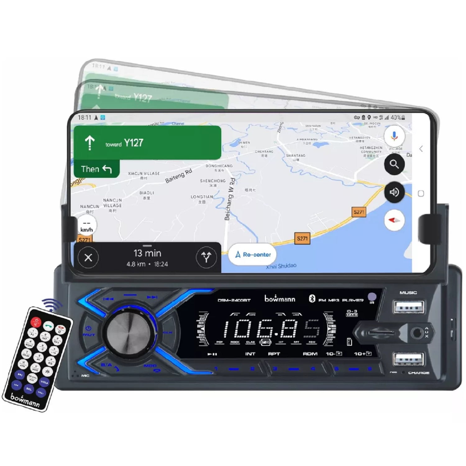 Bowmann - Radio Auto Con Soporte Celular + Bluetooth Manos Libres Usb Dsm-2400