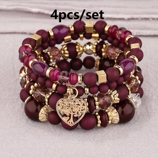 Heart Charm Beads Layered Bracelet Set Pompomia Bracelet Charm Vintage Jewelry Valentine's Day Gift