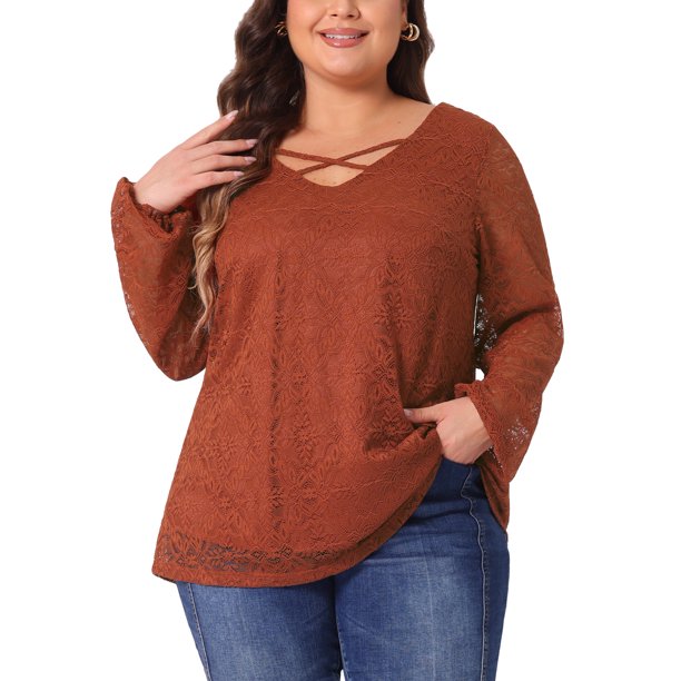 Agnes Orinda Blusa Casual Transparente de Manga Larga con Encaje de Doble Capa y Cuello en V para Mujer de Talla Grande 3X Rojo Ladrillo