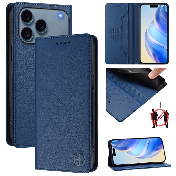 Funda Billetera con Soporte para iPhone 17 Pro Max Bloqueo RFID Plegable Azul