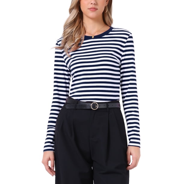 INSPIRE CHIC Camiseta Casual de Algodón Ajustada de Manga Larga a Rayas con Cuello Redondo para Mujer, Regreso a Clases, Azul Marino a Rayas, Talla L