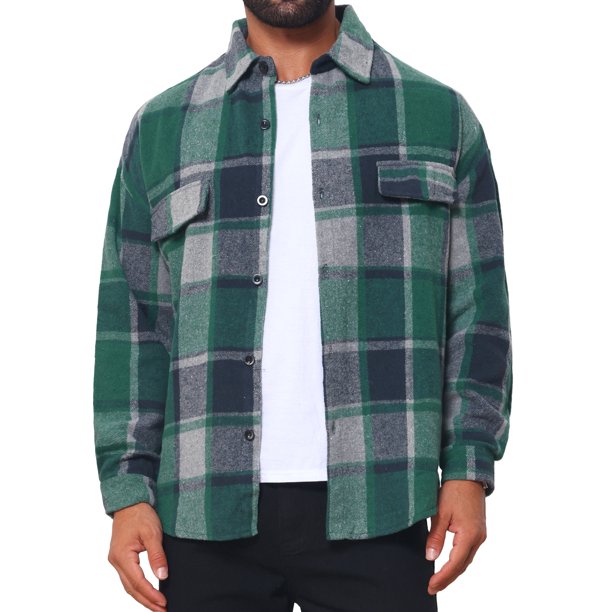 Camisas Vintage para Hombre de Manga Larga con Botones Abajo Chaqueta de Camisa de Cuadros Cepillada M Verde Oscuro