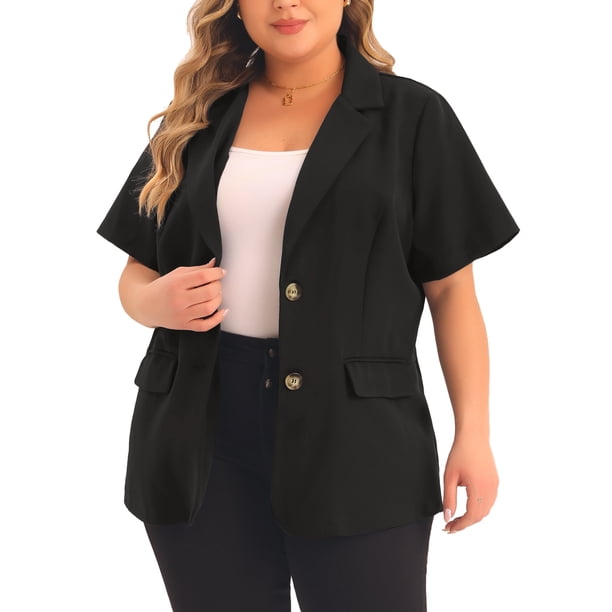 Agnes Orinda Blazers de Mujer Tallas Grandes Casual de Manga Corta con Solapa Muesca Chaqueta de Traje para el Trabajo 3X Negro