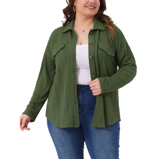 Agnes Orinda Conjuntos de Halloween para Mujeres Tallas Grandes Camisas Abotonadas Texturizadas con Solapa Chaquetas de Manga Larga Tops Casuales con Decoración de Bolsillo 1X Verde Militar