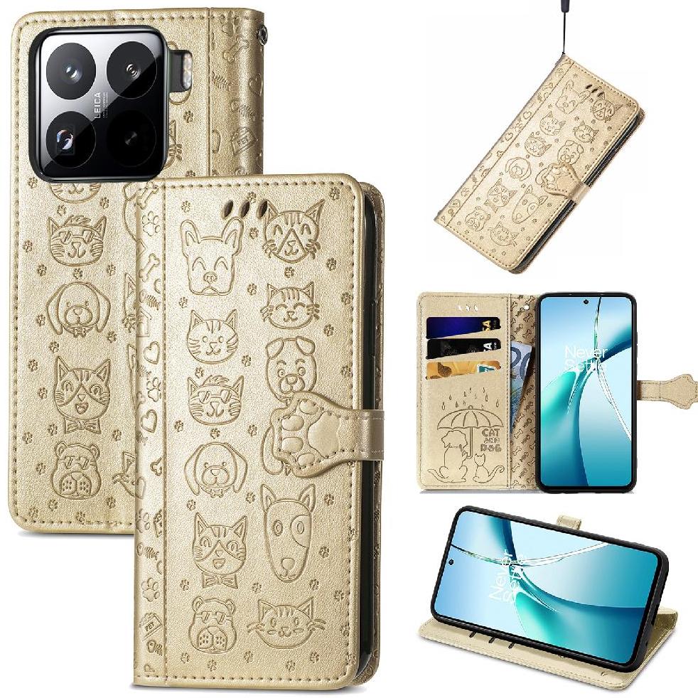 Funda Cartera Foxdock Para Xiaomi 15 Pro , Flip Pu Con Relieve De Gatos Y Perros, Tarjetero Y Soporte