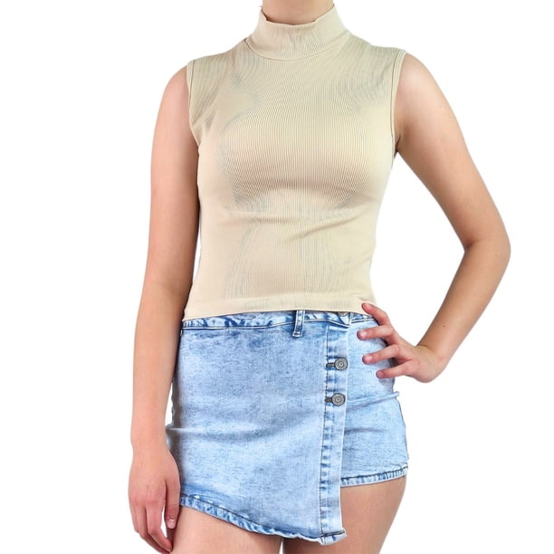 Top Acanalado Mujer Polera Sin Manga Cuello Alto Fashion 1001