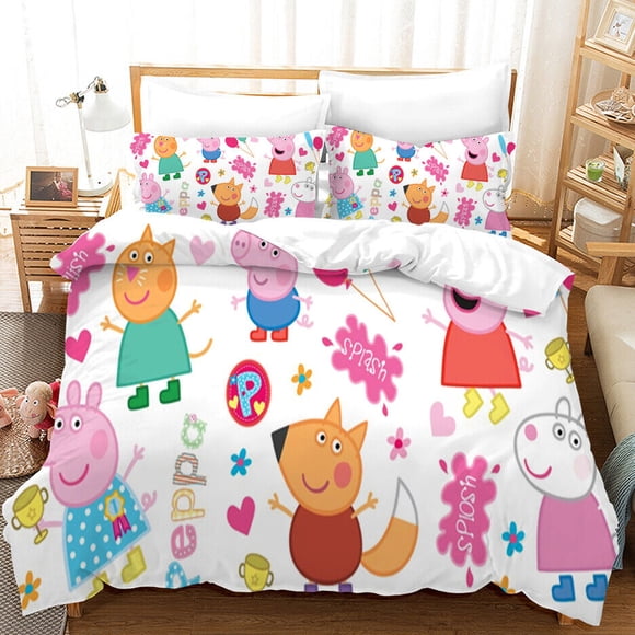 Peppa Pig Cartoon Printed Set Bedding Set Duvet Cover Pillowcase Cute3-Piece Bedding Set (1 Duvet Cover + 2 Pillow Shams)