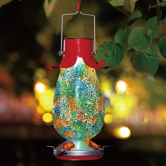 Comedero solar para colibríes MKLZ, mosaico de vidrio verde azulado, 1 litro, con luz