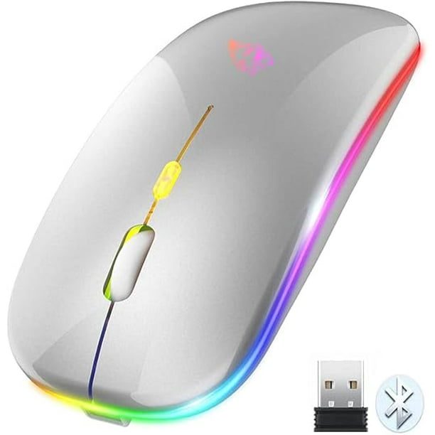Mouse Inalambrico Bluetooth y 2.4GHz con Modos Dual, Recargable y Ergonómico, Click Silencioso y 3 DPI Ajustables - Ideal para PC, Mac, Computadoras y Portátiles - Color Plata