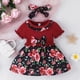 thumbnail image 1 of Baby Girls Cute Casual Ruffled Stitching Flower Ribbed Dress & Bow Headband Set For Summer Holiday, 1 of 5