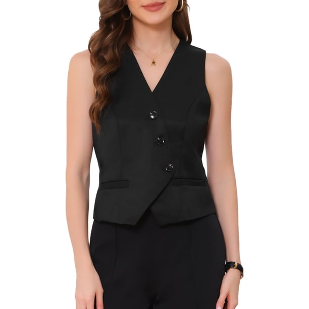 INSPIRE CHIC Chaleco Recortado sin Mangas con Botones y Cuello en V para Oficina Elegante de Mujer XS Negro