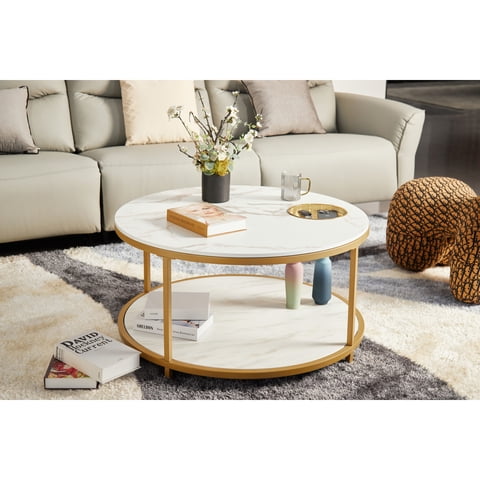 M&Ms - White And Gold Round Coffee Table, 34.64-Inch Living Room Coffee Table, A Simple Two-Layer Tabletop With Storage Racks And Storage Trays, Modern Design Home Furniture