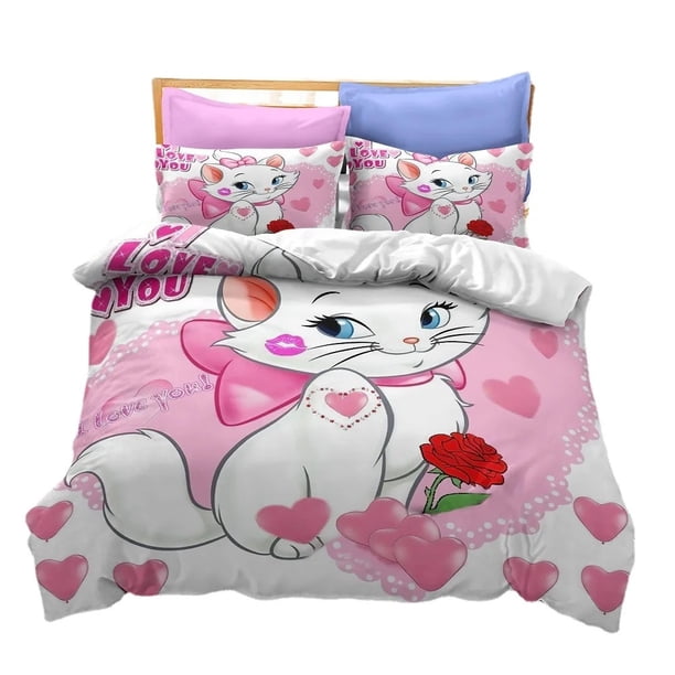 Pink Marie Cat Bed Linen,Marie Cats Pink Bedding Set,Cartoon Cats Bed Linen,Girls Duvet Cover and Pillowcase With zipper Bed Sheets