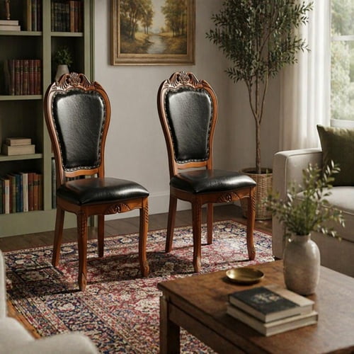 Genérico - Pack X2 Sillas De Comedor Berlín Con Asiento De Eco Cuero Tallada En Madera Americana