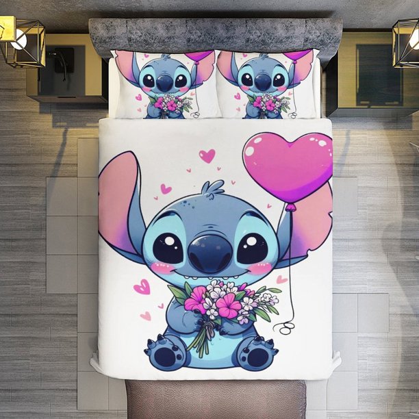 Stitch And Flower Balloon 3 Pieces Duvet Cover Set Full Size Super Soft Fade Resistant Microfiber