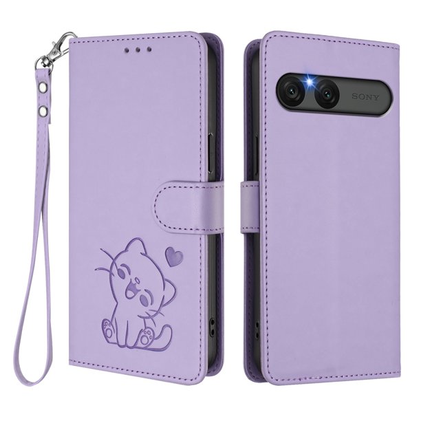 Sony Xperia 10 VII Funda Billetera con Estampado de Gato, Lila Claro