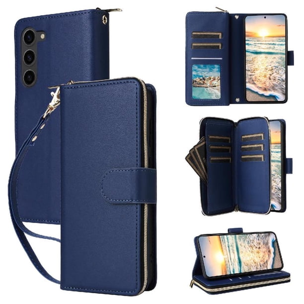 Funda Cartera con Cremallera y Correa para Samsung Galaxy S23 Soporte y Tarjetero Azul