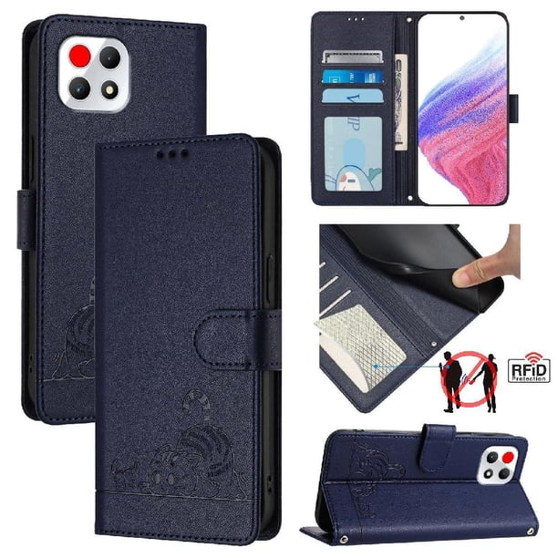 Funda tipo cartera FOXDOCK para T-Mobile REVVL 7 con soporte, ranuras, RFID, diseño de gato