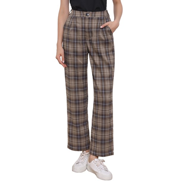 INSPIRE CHIC Pantalones Largos Rectos con Cintura Elástica de Cuadros para Mujer, Botón y Cremallera, Talla XL, Marrón Café