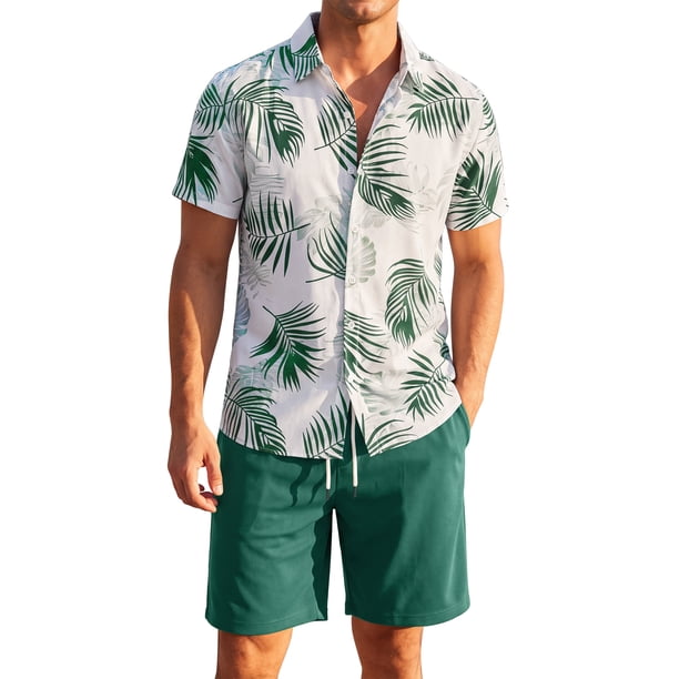INSPIRE CHIC Conjunto de 2 Piezas para Hombre Camisa y Pantalones Cortos Tropicales Hawaianos Playa XL Verde