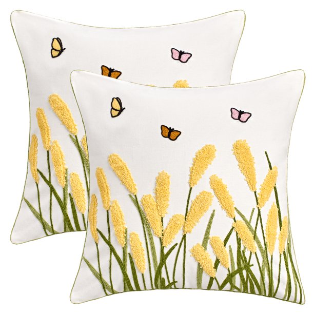 REGALWOVEN 2 Paquetes de Fundas de Almohada Decorativas de Algodón Boho Bordado de Plantas Funda de Almohada Cuadrada Suave para Sofá Dormitorio Sala de Estar Amarillo 18" x 18"