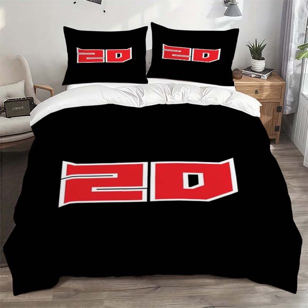 This Bedding Set Features a Modern High-Tech Design with a Red And White 2D Geometric Logo. The Soft And Comfortable Bedding Set