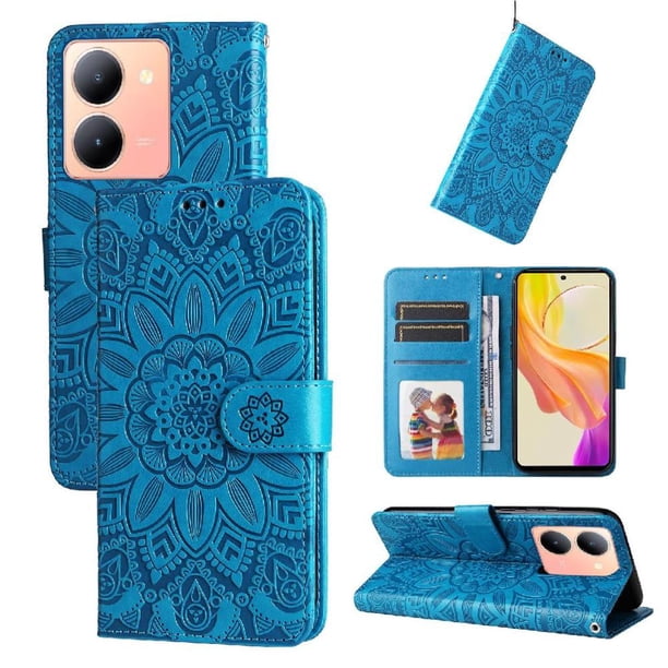 Funda tipo cartera FOXDOCK para Vivo Y36 4G/5G , diseño girasol en relieve, cuero PU, cierre magnético, soporte y tarjetero