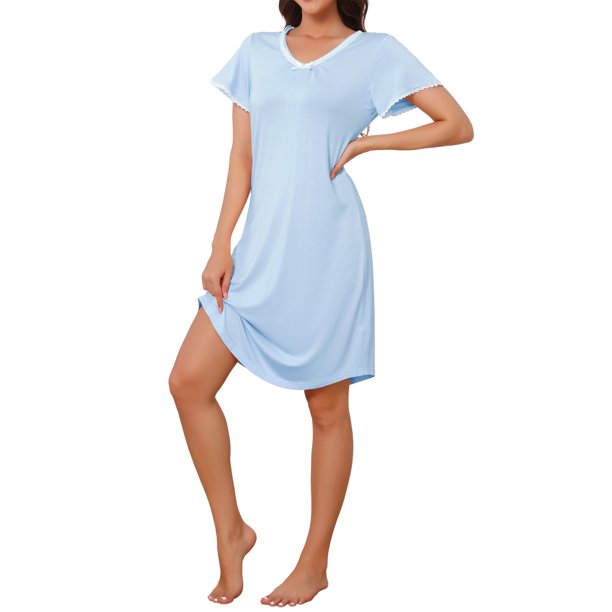 Camisón de Modal para Mujer INSPIRE CHIC con Escote en V, Manga Corta y Volantes, Largo a la Rodilla, Ropa de Descanso XL Azul