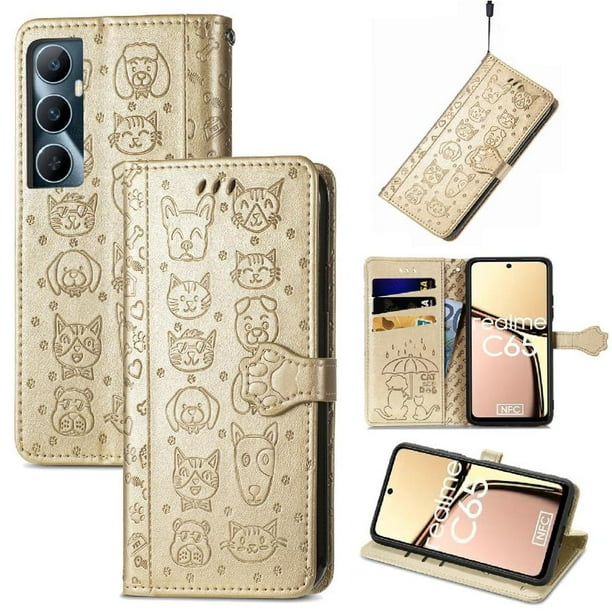 Funda Cartera FOXDOCK para Realme C65 , Flip PU con Relieve de Gatos y Perros, Tarjetero y Soporte