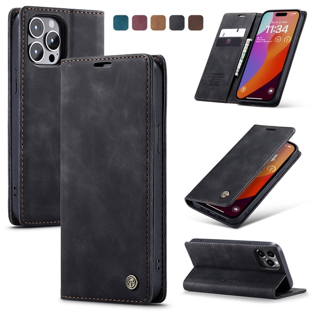 CaseMe Funda de Cuero para iPhone 15 Pro Max, Funda de Cuero Tipo Billetera con Tarjetero, Cierre Magnético, a Prueba de Golpes, Soporte, Funda Protectora para iPhone 15 Pro Max, Negro