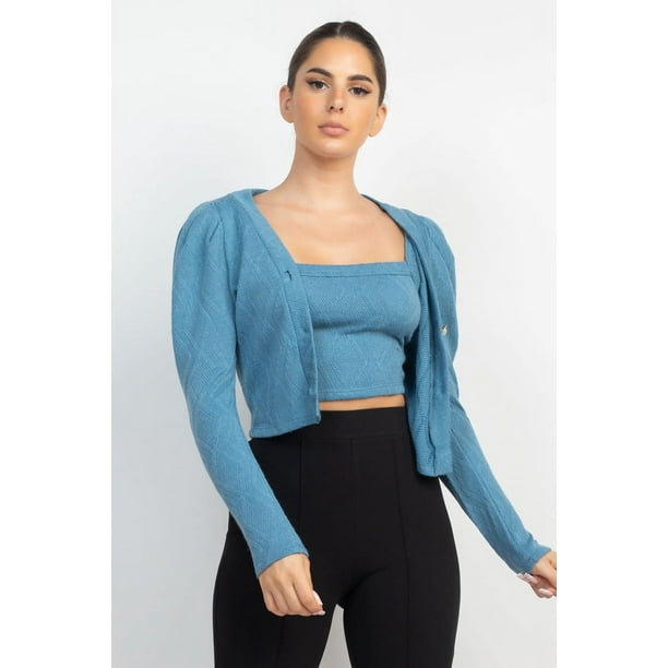 Conjunto De Blazer Con Mangas Abullonadas Y Camisola Geométrica