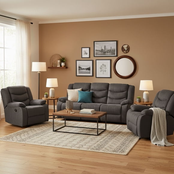 Living 3 Cuerpos Reclinable Norman + 2 Berger Norman Gris