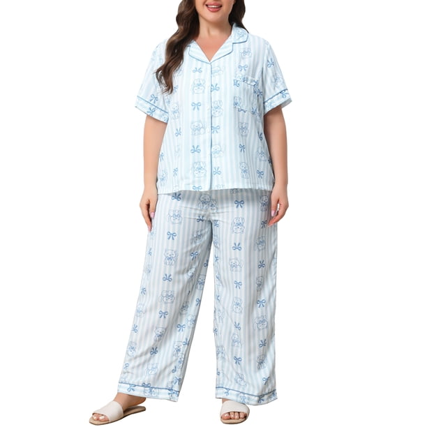Agnes Orinda Conjunto de Pijama de Talla Grande para Mujer con Botones, Lazo Lindo, Estampado de Rayas, Manga Corta, Parte Superior y Pantalones Largos, Ropa de Dormir Suave de 2 Piezas 5X Azul