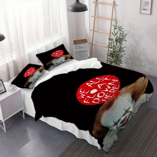 Pennywise with "We All Float Down Here" Balloon Three-Piece Set - IT Art Printed Duvet Cover Set Bedding