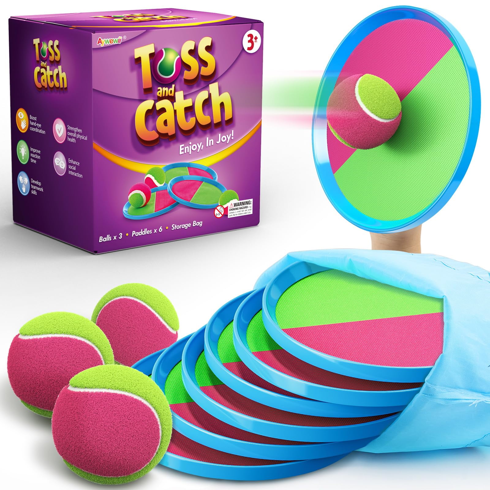 Juego De Juegos Infantiles Para Lanzar Y Atrapar Pelotas Aywewii Con 6 Palas Y 3 Bolas