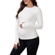 thumbnail image 4 of INSPIRE CHIC Camiseta de maternidad ajustada elástica de manga larga con agujeros para los pulgares, cuello redondo, camiseta de yoga para embarazo, M, blanco, 4 of 6
