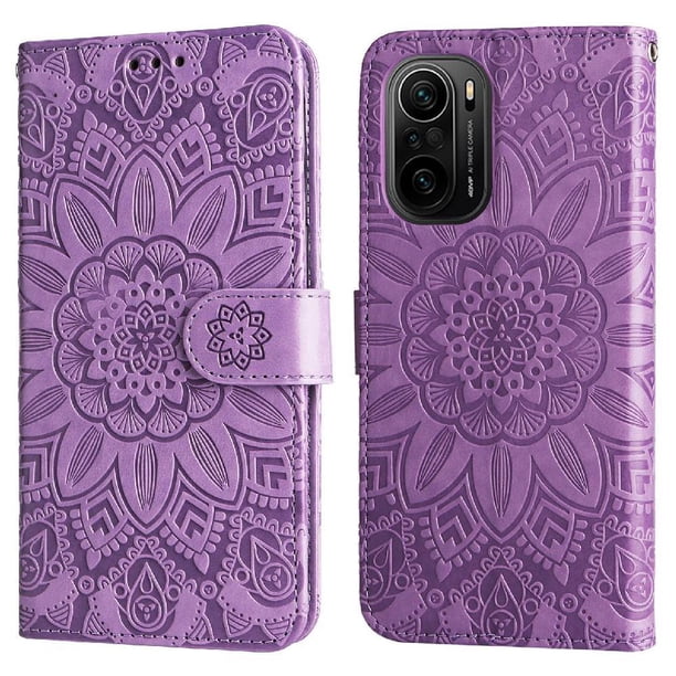 Funda tipo cartera FOXDOCK para Xiaomi Poco F3 , diseño girasol en relieve, cuero PU, cierre magnético, soporte y tarjetero