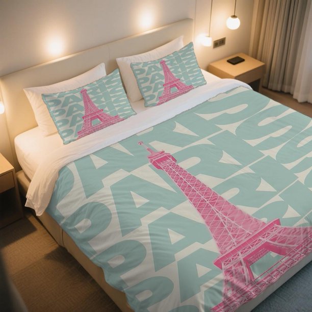 Pink Eiffel Tower with PARIS Pattern Duvet Cover Set Valentine'S Day Easter