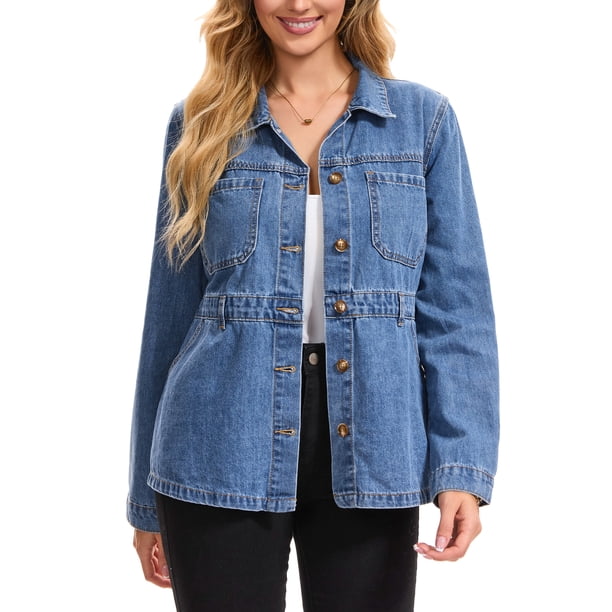 INSPIRE CHIC Chaquetas de Mezclilla para Mujer Chaqueta de Jean con Botones Desgastada de Manga Larga Moderna con Bolsillos XL Azul Claro