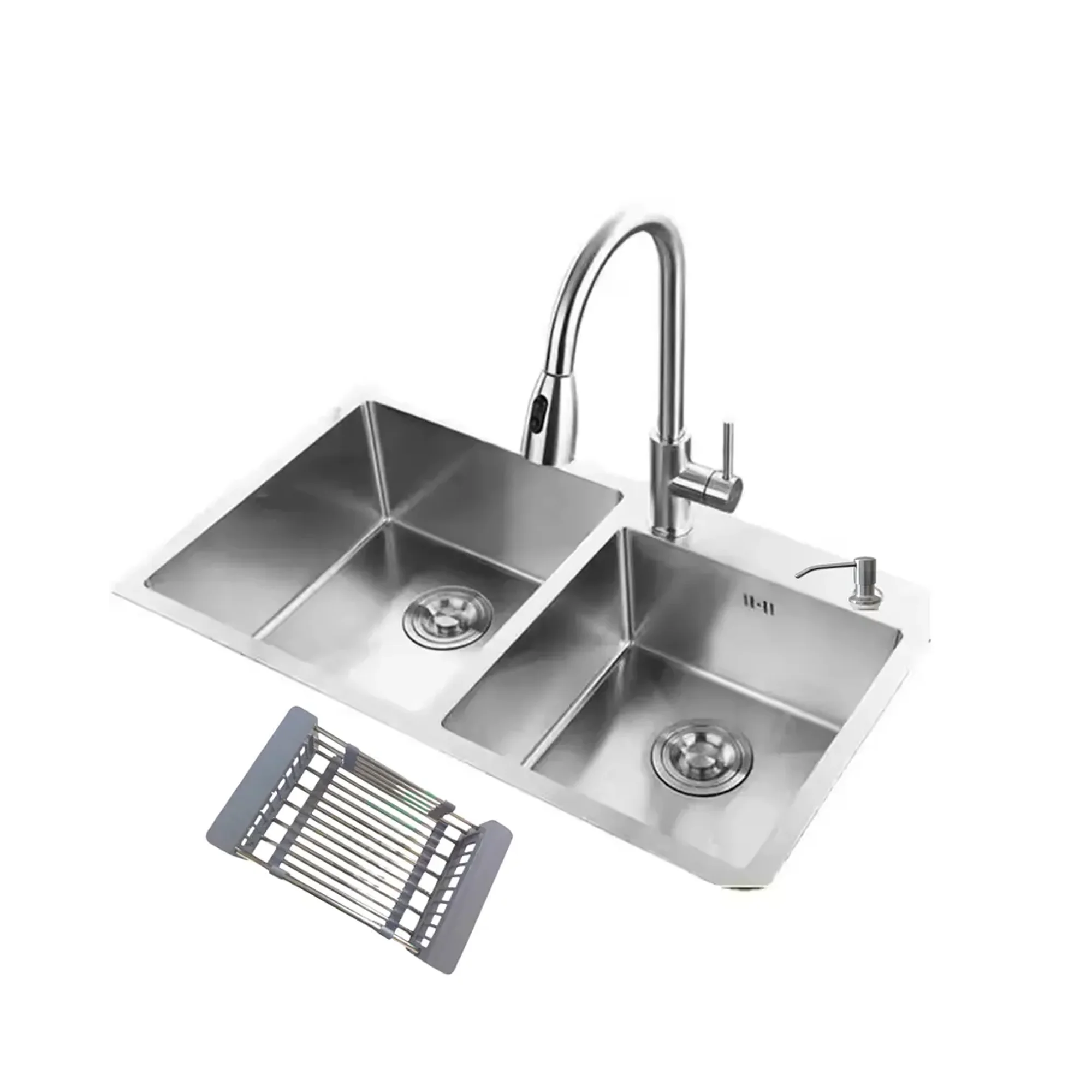 Modern Space - Lavaplatos 68x38 Cm Deluxe De Acero Inoxidable Para Empotrar Espesor 2mm Color Plateado Con Rejilla, Dispensador De Jabon Y Grifería Extensible