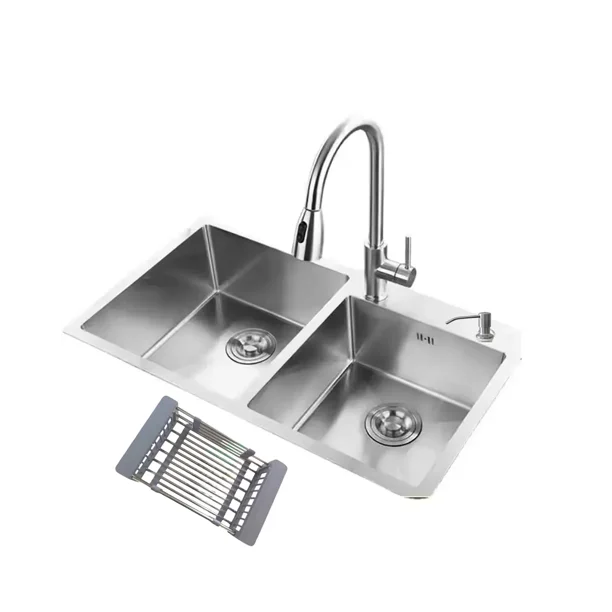 Lavaplatos 68x38 cm Deluxe de Acero Inoxidable para Empotrar Espesor 2mm Color Plateado con Rejilla, Dispensador de Jabon y Grifería Extensible