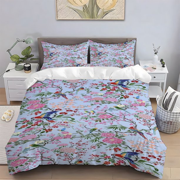 Floral Bird Themed Polyester Bedding Set All-Season Ideal for Home/Guest Room
