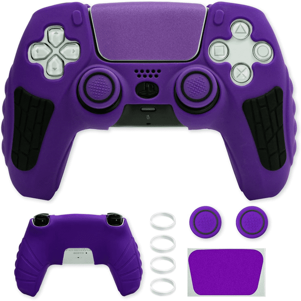 Funda para controlador de PlayStation 5, funda de silicona antideslizante para el mando de PS5 con tapones para el pulgar, protectores para el joystick y adhesivo envolvente para la funda-morado
